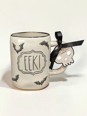 Rae Dunn "EEK!" Cream Halloween Mug With Black Bats NWT 16oz